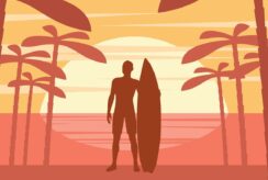 surfer, surfboard, nature, man, beach, ocean, water, sport, summer, sunset, seascape, silhouette, coast, sun, board, shore, activity, fun, adventure, post card, copy space, greeting card, colorful, wallpaper